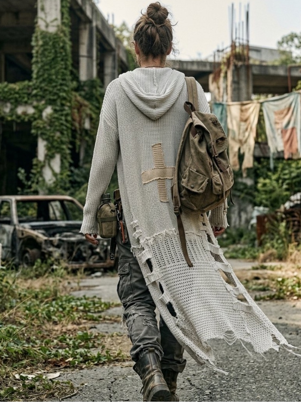 Upcycled post apocalyptic raggedy tattered zombie apocalypse duster sweater